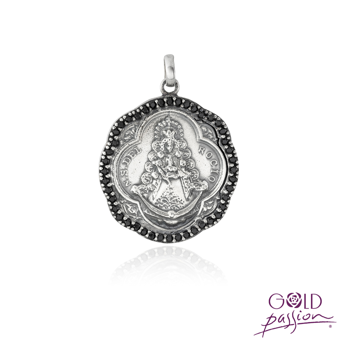 Medalla de Virgen del Rocío en plata con circonitas en color negro Medalla de Virgen del Rocío en plata con circonitas en color negro