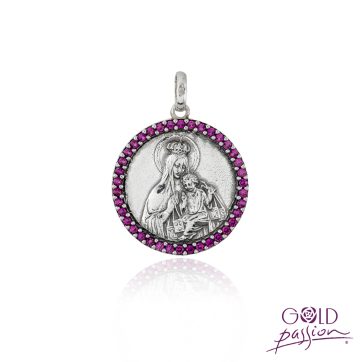 Medalla Virgen del Carmen en plata oxidada con circonitas rojo rubí