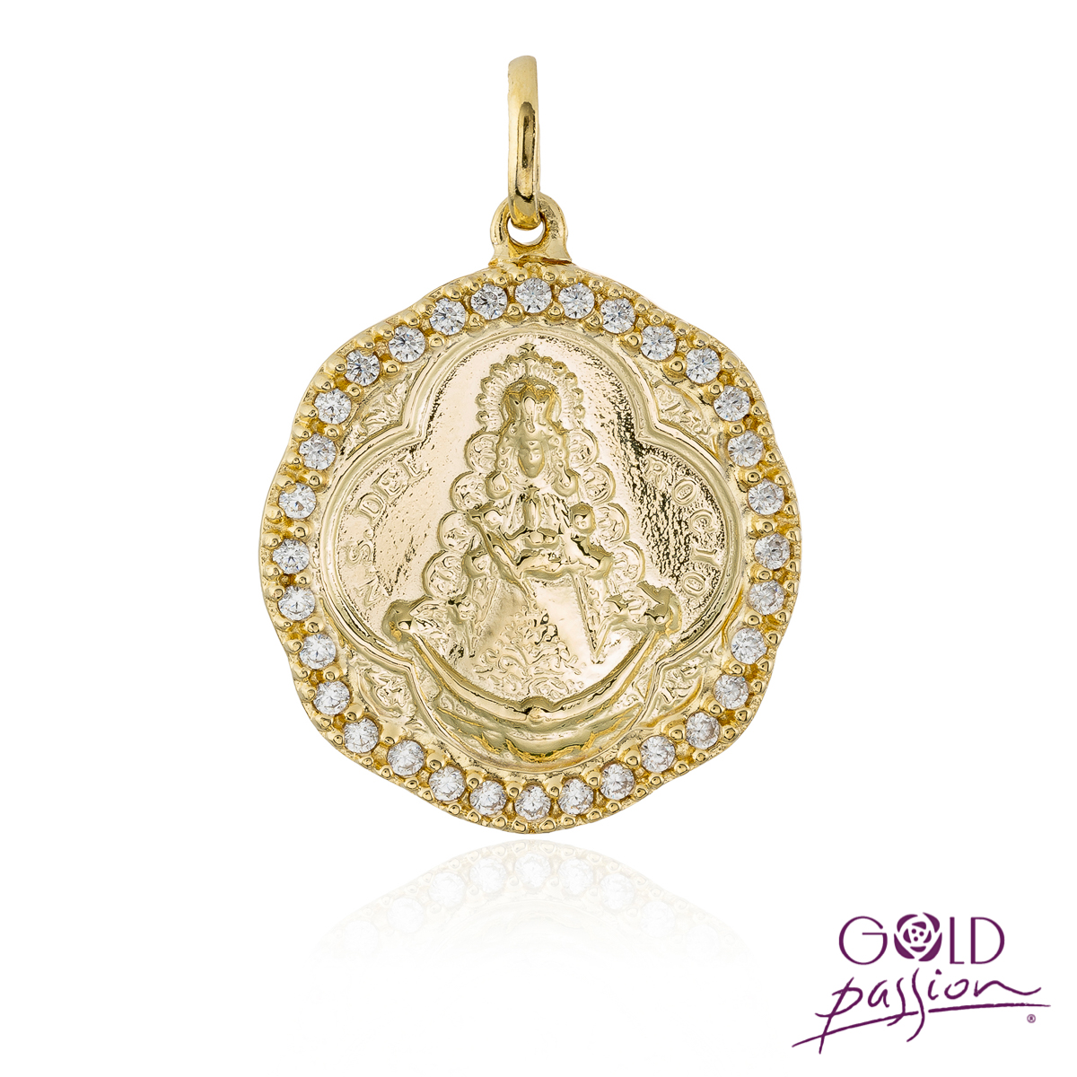 Medalla Virgen del Rocío Fabricada en plata chapada en oro de 18 quilates con circonitas Medalla Virgen del Rocío Fabricada en plata chapada en oro de 18 quilates con circonitas