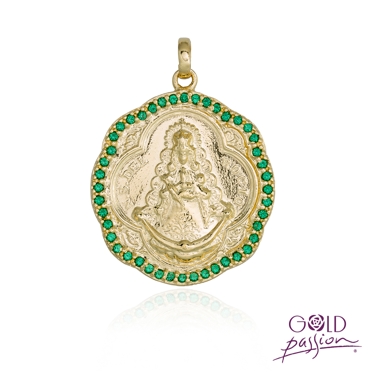 Medalla Virgen del Rocío Fabricada en plata chapada en oro de 18 quilates con circonitas verdes esmeralda Medalla Virgen del Rocío Fabricada en plata chapada en oro de 18 quilates con circonitas verdes esmeralda