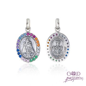 Medalla Virgen de Covadonga en plata con circonitas de varios colores