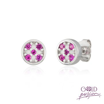 Pendientes forma redonda de plata con circonitas color rojo rubí.