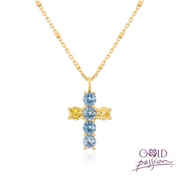 Cruz garra con circonitas agua y citrino chapada en oro de 18 quilates