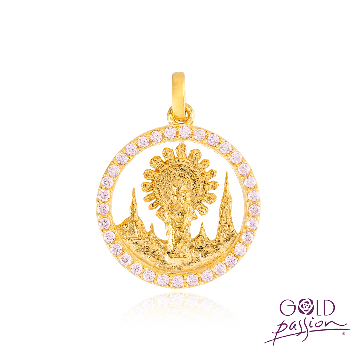 Medalla de Virgen del Pilar calada fabricada en plata con baño de oro de 18 kts con circonitas Rosafrancia Medalla de Virgen del Pilar calada fabricada en plata con baño de oro de 18 kts con circonitas Rosafrancia