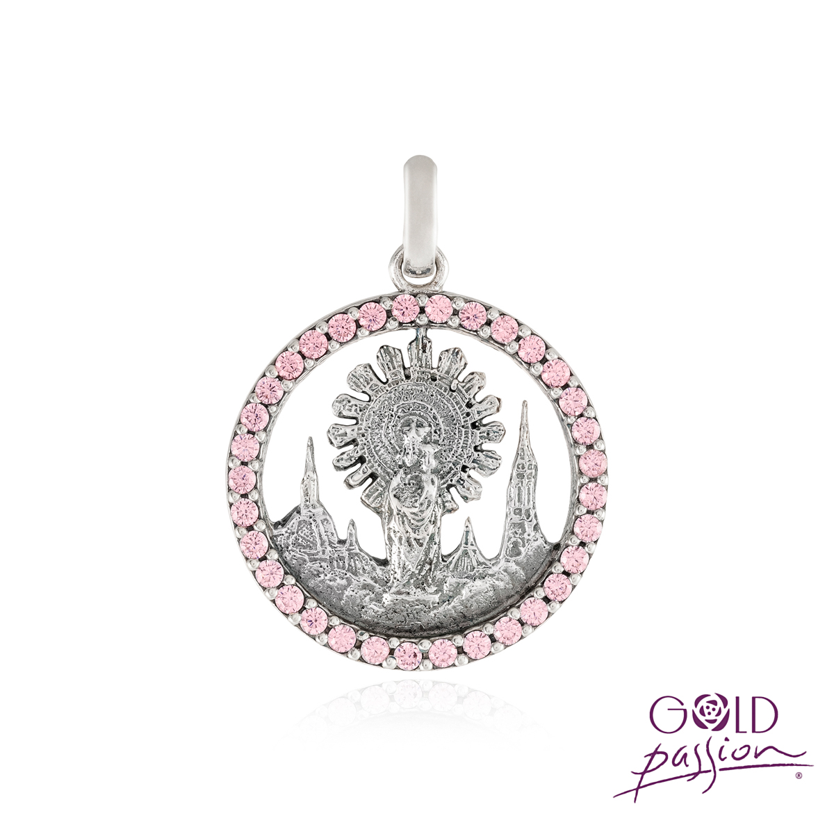 Medalla de Virgen del Pilar calada fabricada en plata oxidada con circonitas rosa francia Medalla de Virgen del Pilar calada fabricada en plata oxidada con circonitas rosa francia